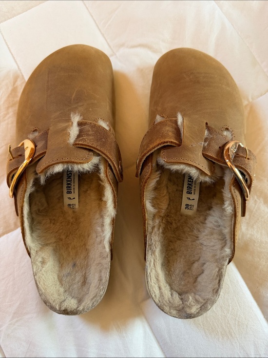 Birkenstock Shoes - Birkenstock Shearling-Lined Mink Boston Clogs with Gold Buckles